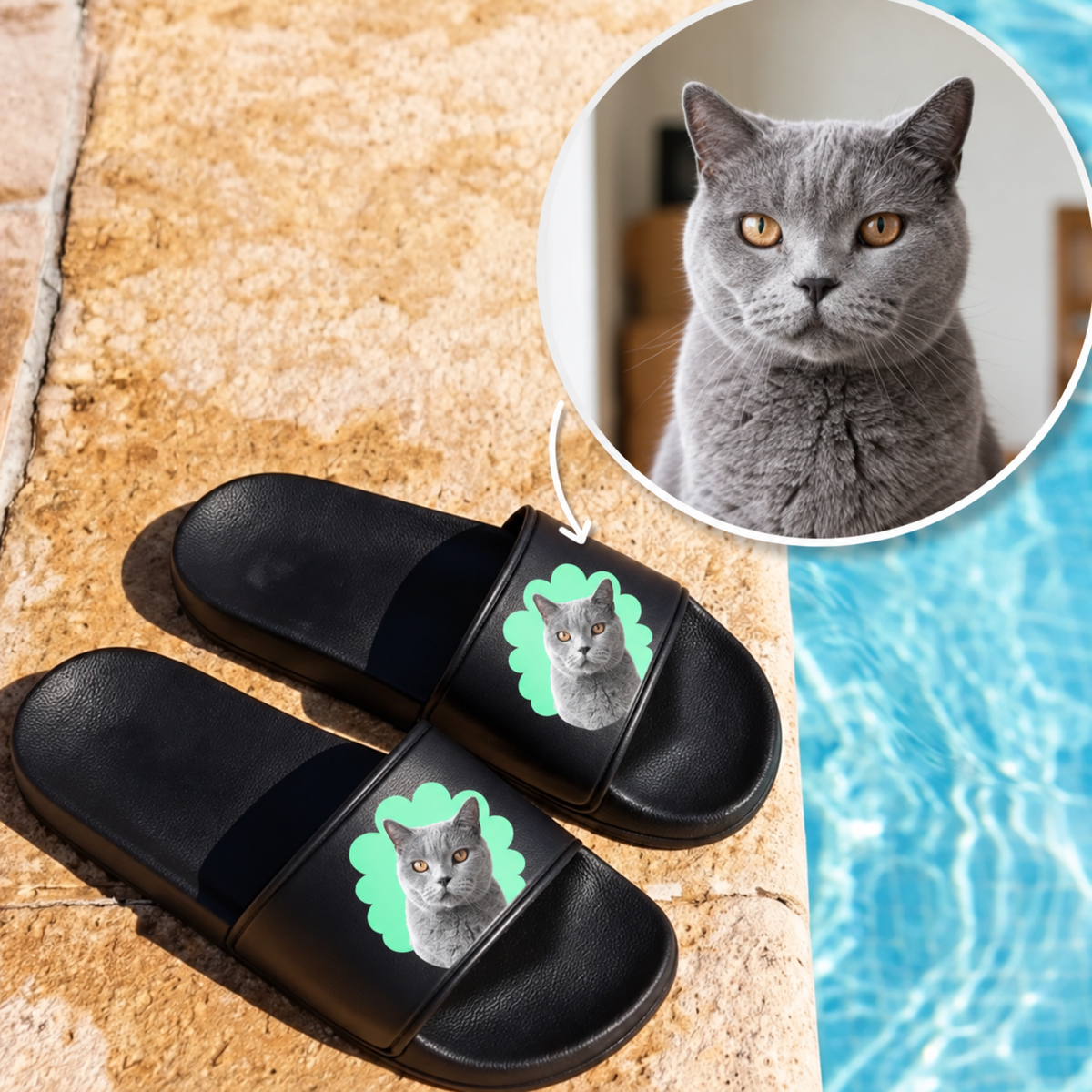 Claquettes noires avec portrait de chat personnalisé sur la bride.