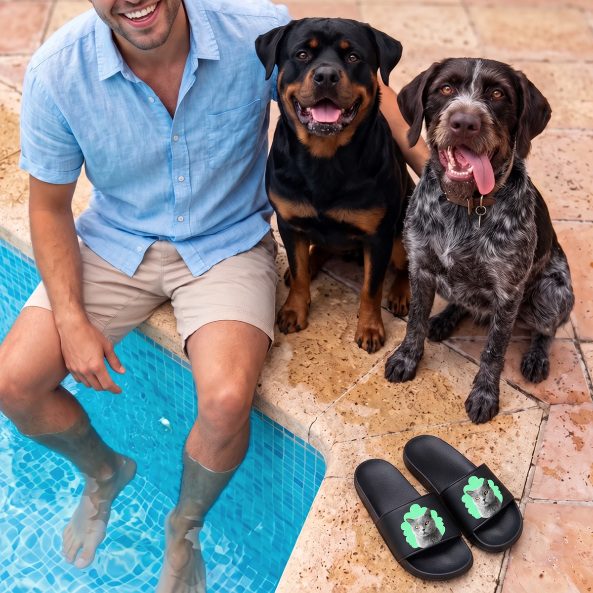Claquettes noires personnalisées avec portrait de chat, un homme avec deux chiens assis à côté.