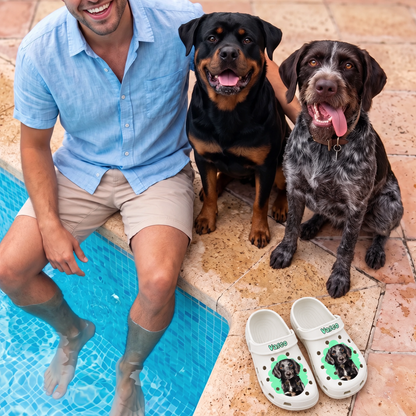 Personne assise à côté de deux chiens au bord de la piscine, sabots blancs personnalisés avec portrait d'animal à côté.