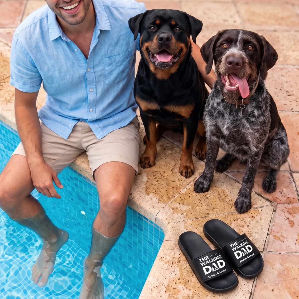 Claquettes noires personnalisées avec imprimé "THE WALKING DAD", à côté d'un homme et de deux chiens au bord de la piscine.