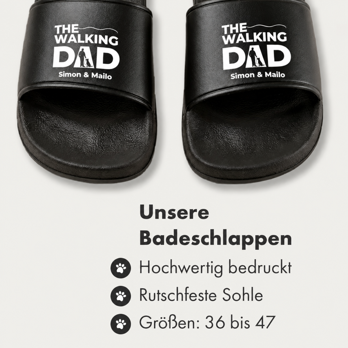 Claquettes noires avec imprimé "The Walking Dad" et prénoms personnalisés. Semelle antidérapante.