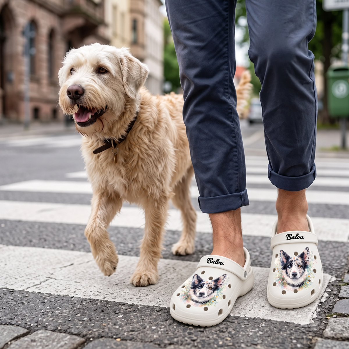Personne portant des sabots personnalisés à motif de chien aquarelle, en promenade avec un chien.