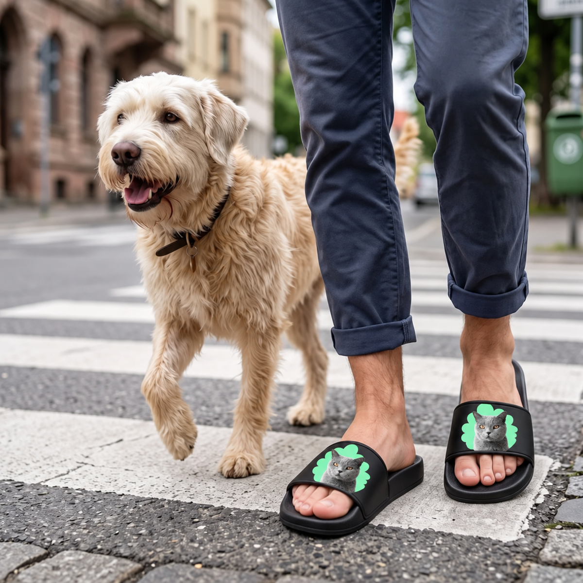 Claquettes noires avec portrait de chat vert, la personne avec un chien sur un passage piéton.