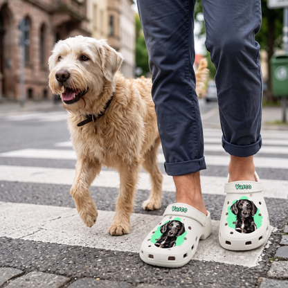 Sabots blancs personnalisés avec portrait d'animal et fond coloré, portés par une personne avec un chien.
