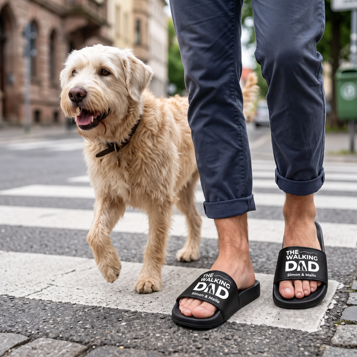 Claquettes noires avec imprimé "The Walking Dad" et prénoms personnalisés, portées par une personne dans la rue.
